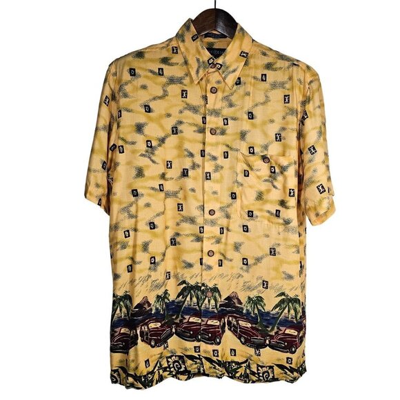 90s Ron Chereskin Hawaiian Shirt Beach Woody Surfer Pattern Rayon Mens M Yellow - Picture 5 of 10